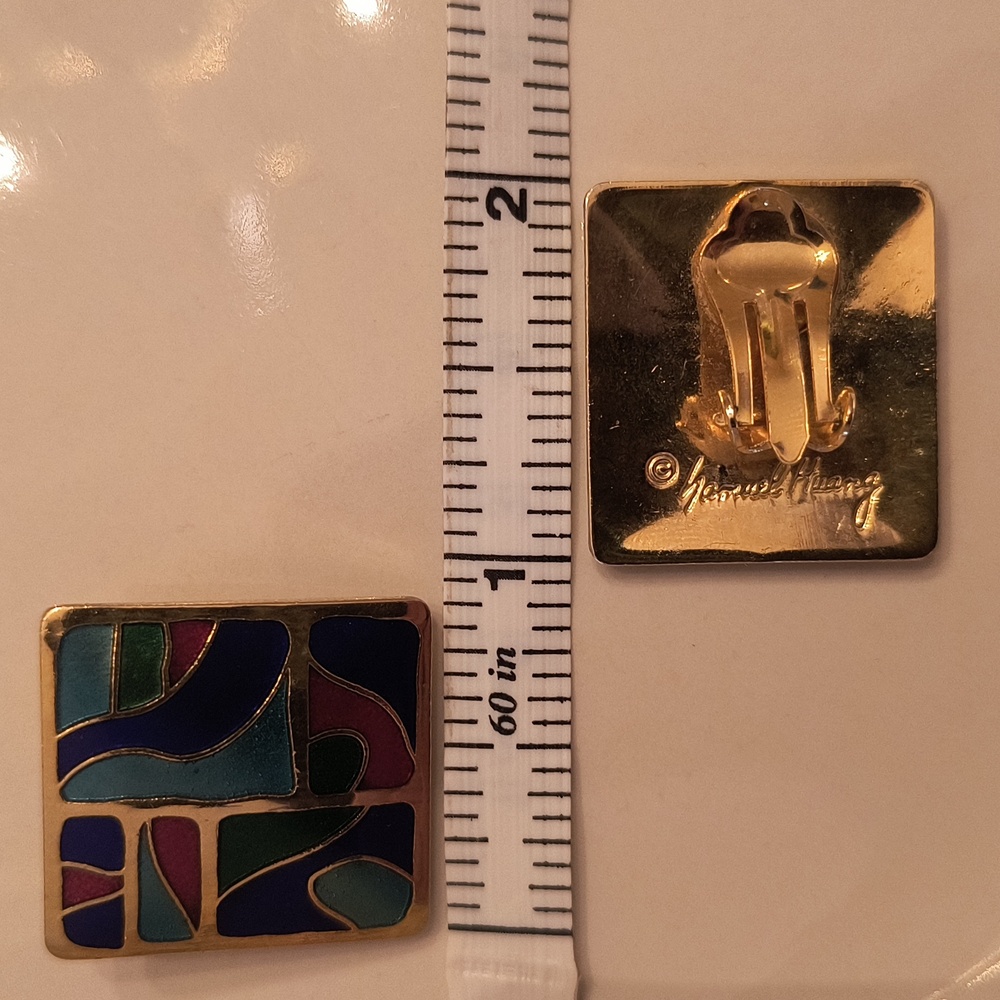 Vintage Cloisonne Signed Abstract Square Clip-on Earrings - Picture 10 of 10